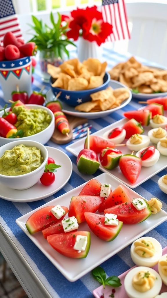 A festive table set with colorful appetizers for 4th of July, featuring caprese skewers, guacamole, watermelon feta bites, stuffed peppers, and deviled eggs.